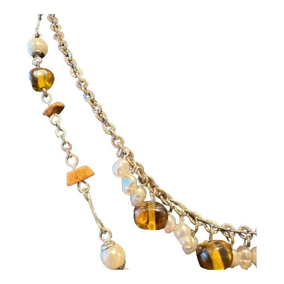 AVON Earthtone Pearlesque Multi-Strand Necklace Silvertone Stone Glass Brown 15" - Picture 4 of 16